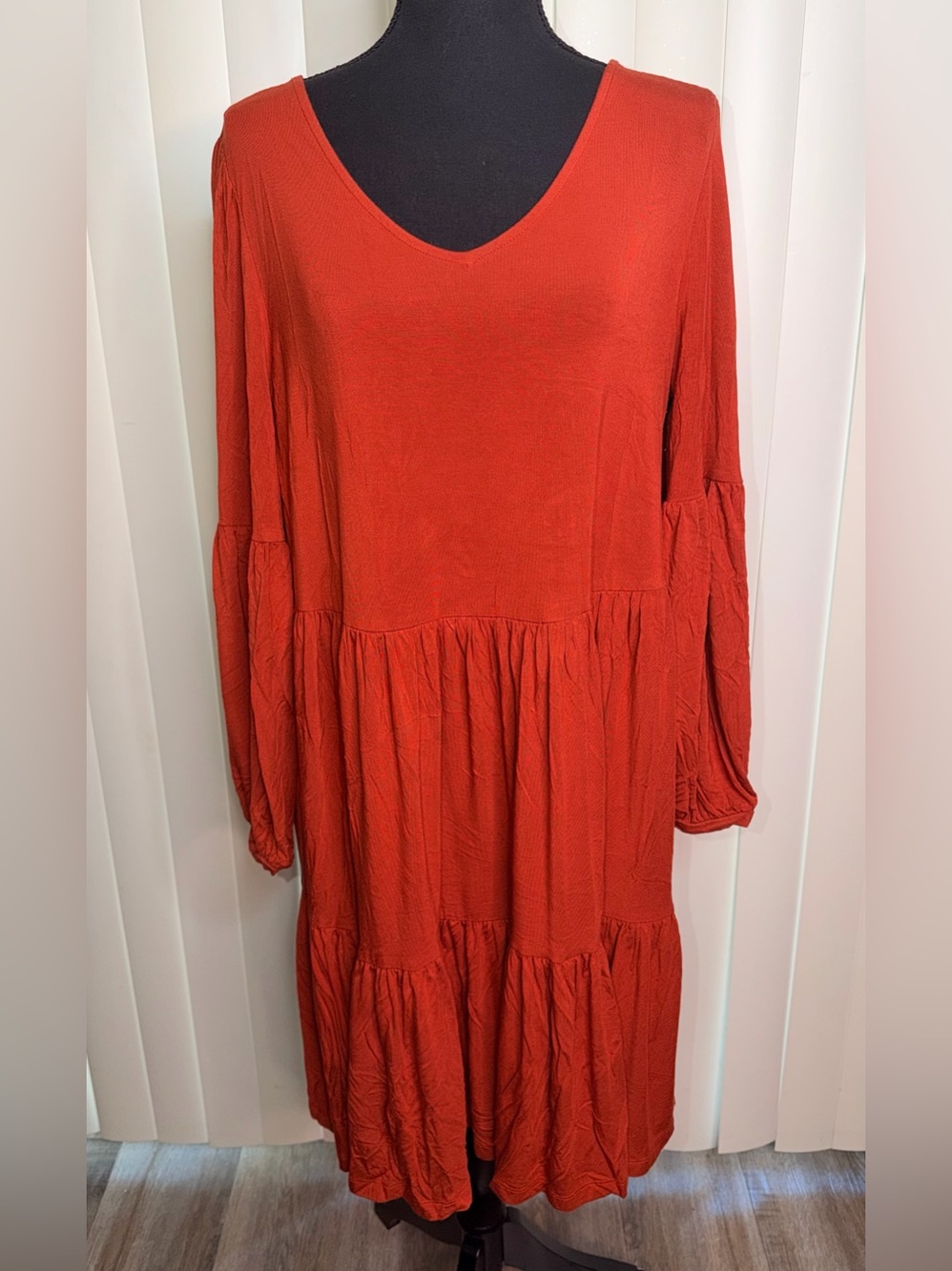 Cynthia Rowley Womens Burnt Orange Long Sleeve V-neck Tiered Babydoll Dress Sz L